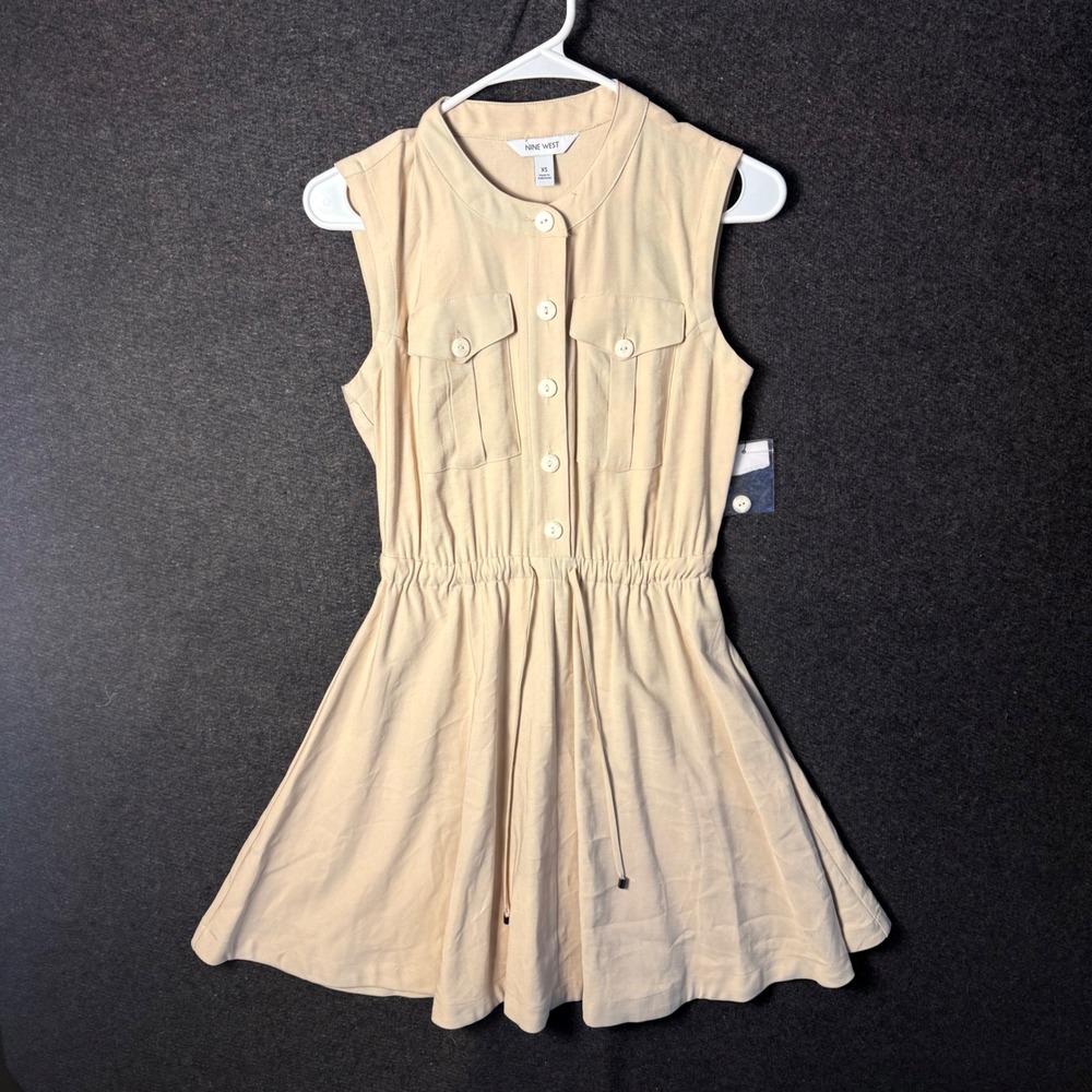 Womens XS Sleeveless Button Down Shirt Dress Tan Canvas Safari utility resort